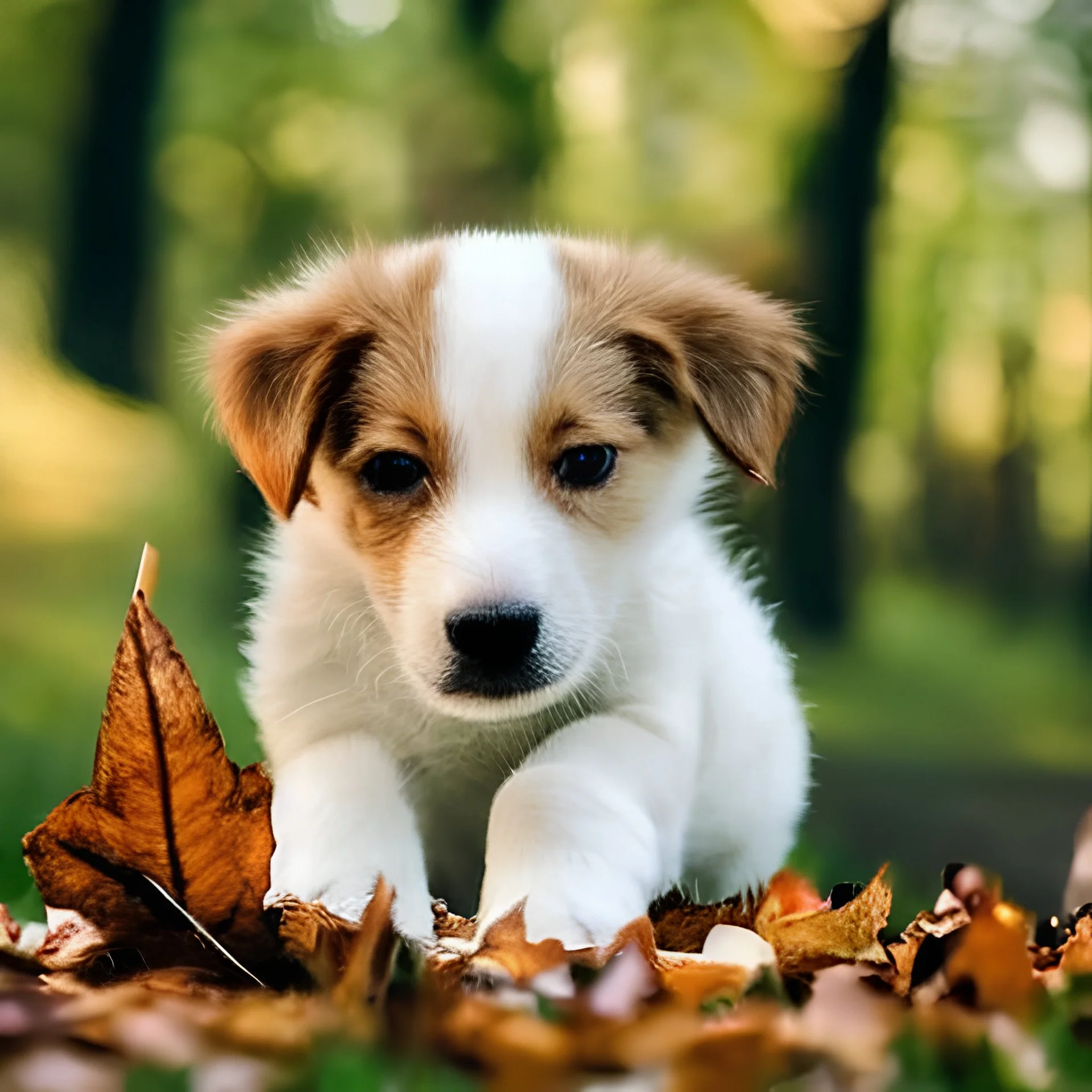 Cute puppy playing with leaves