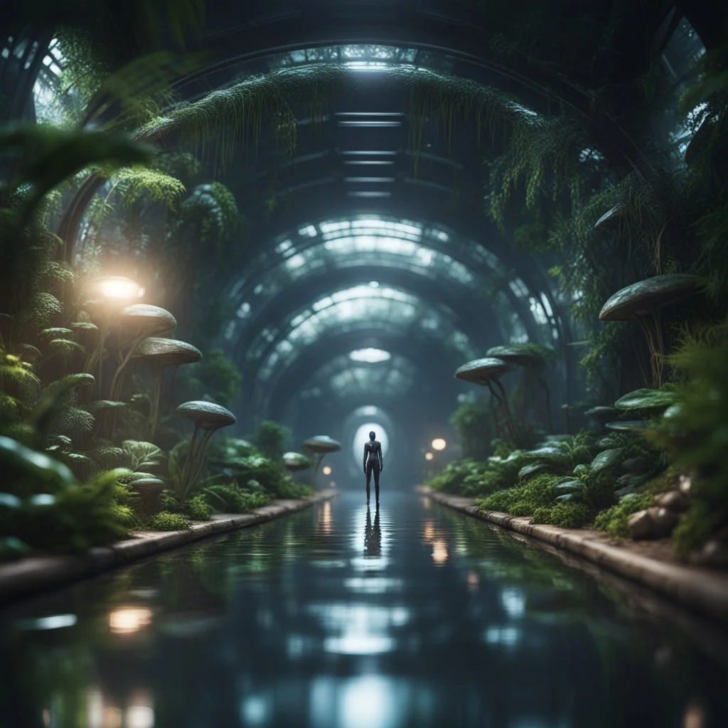 a lecture on alien anatomy in dark lit reflective wet jungle metallic hall dome hotel tunnel, in the style of a game,bokeh like f/0.8, tilt-shift lens 8k, high detail, smooth render, down-light, unreal engine, prize winning