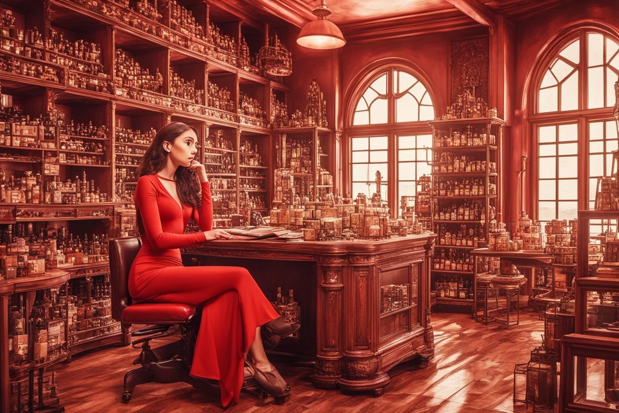 surreal image full-height shot of a young woman in tight red clothing, inside a large modern magic shop, sitting at a desk, wooden shelving, bottles, windows