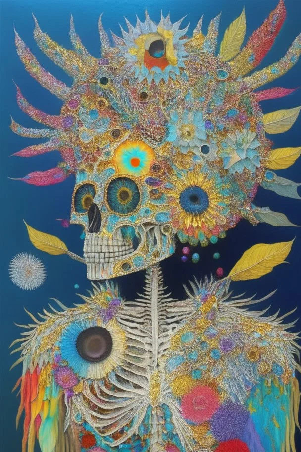 Painting entitled "If you had another hole in your head, your brain would fall out"; neo-surreal skeleton wearing a designer coat of many colors made from mixed media such as feathers, foliage, flowers, gemstones, and shiny sequins that reflect the sun; quilling, award-winning, masterpiece, portfolio piece, fantastical, Intricate, provacative, Hyper-detailed, Holographic, Magnificent, Meticulous, Mysterious