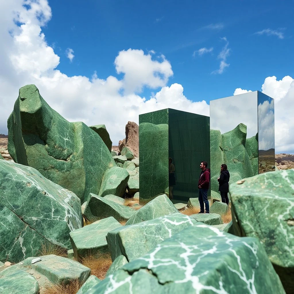 Un'immagine di un paesaggio naturale con marmi verdi, imponenti, accanto a strutture artificiali verticali. Questi blocchi rettangolari di vetro riflettente, che creano un contrasto tra il naturale e l'artificiale. Cielo blu intenso.. Persona osserva. La scena trasmette un senso di dialogo tra elementi organici. Dettagli degli specchi e delle rocce molto accentuati. Nuvole