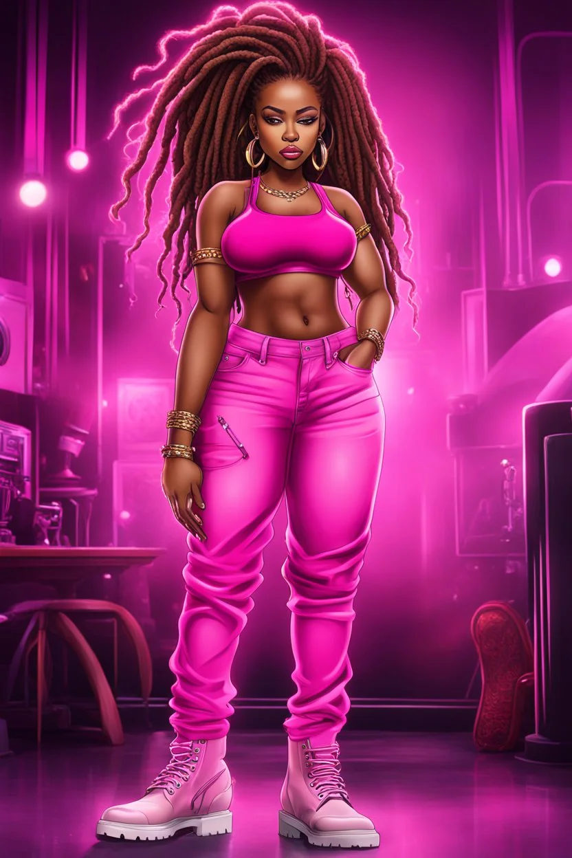 Create a digital airbrush cartoon of a curvy African American female wearing a hot pink jean outfit with timberland boots. Prominent make up with hazel eyes. She is wearing large diamond hoop earrings. Extremely highly detailed very long dread locs hair that shines. Background of a night club.