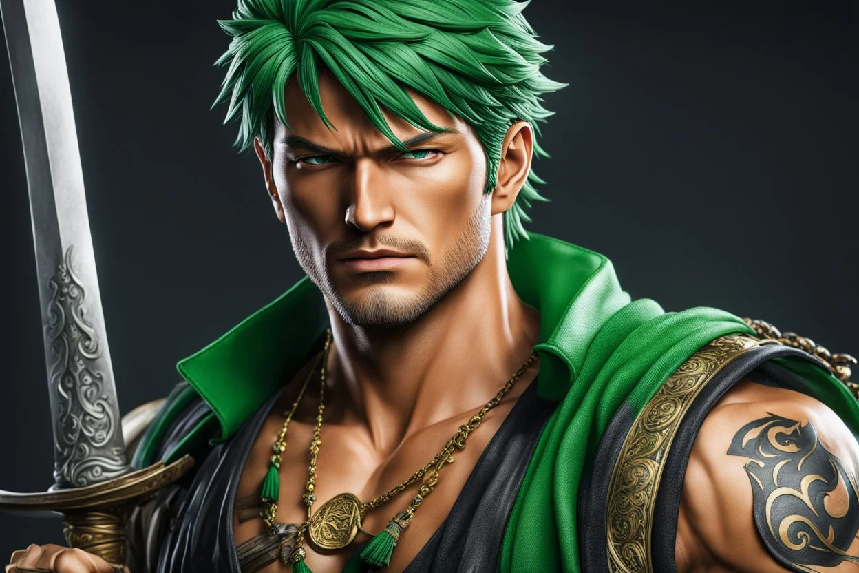 Zoro in 8k live action anime artstyle, Young man, dynamic pose, intricate details, highly detailed, high details, detailed portrait, masterpiece,ultra detailed, ultra quality