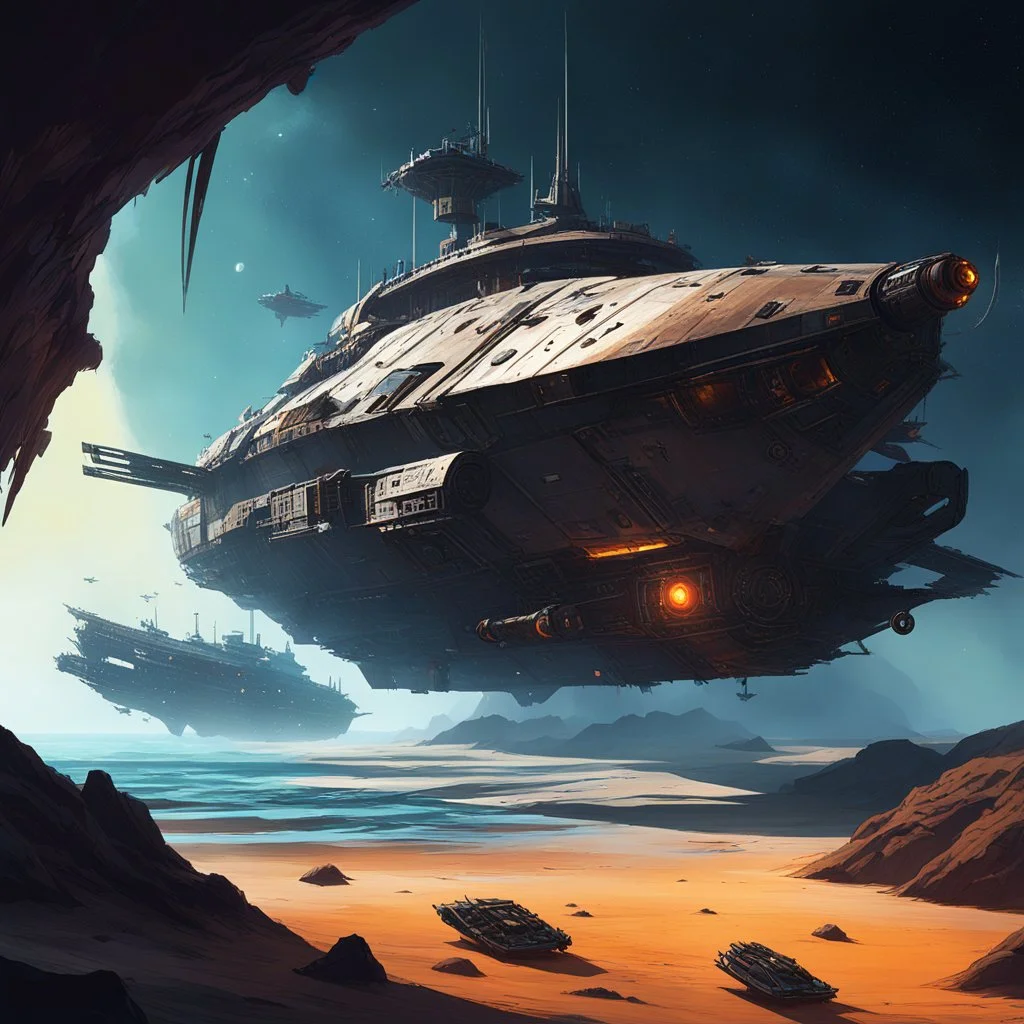 Many independent space stations feature bars founded by and run for Wildcat salvagers. A popular stylistic motif of these bars is shipwreck art. In this series we see a collection of artworks featuring wrecks salvaged on the marginal fringe world of Celmira, site of a famous Lumiran battle long ago. Here, we see a Gladiator class attack ship, a mainstay of the Free Systems Coalition.