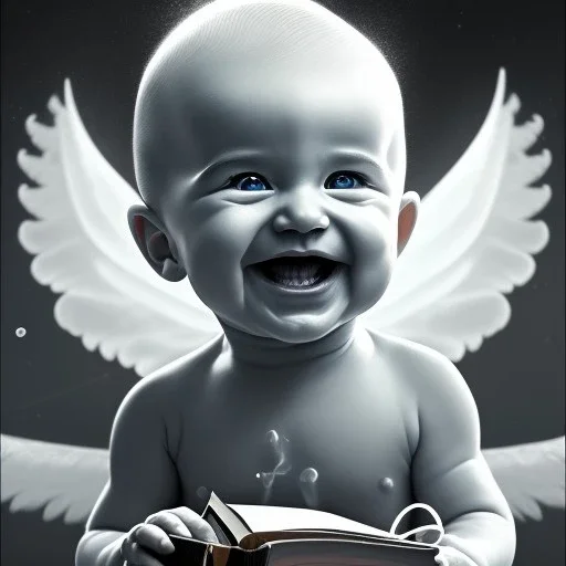 bw,a smiling human baby artist called tobias leander with no hair,halo, wings, drinking, sitting in chair, photo realistic spray painting, book cover illustration