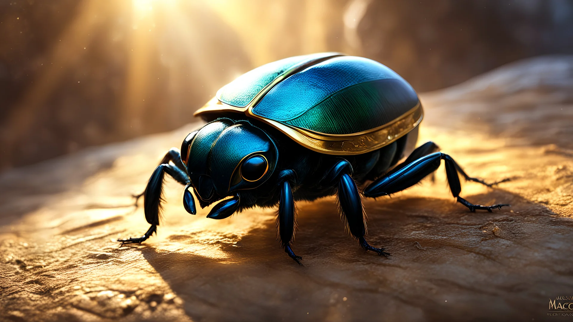 ((Masterpiece:1.3,concept art,best quality)),scarab beetle,macro,sunlight,fantasy,dynamic composition,dramatic lighting,epic realism,award winning illustration