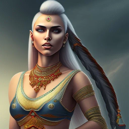 fantasy setting, indian woman, half-hawk haircut