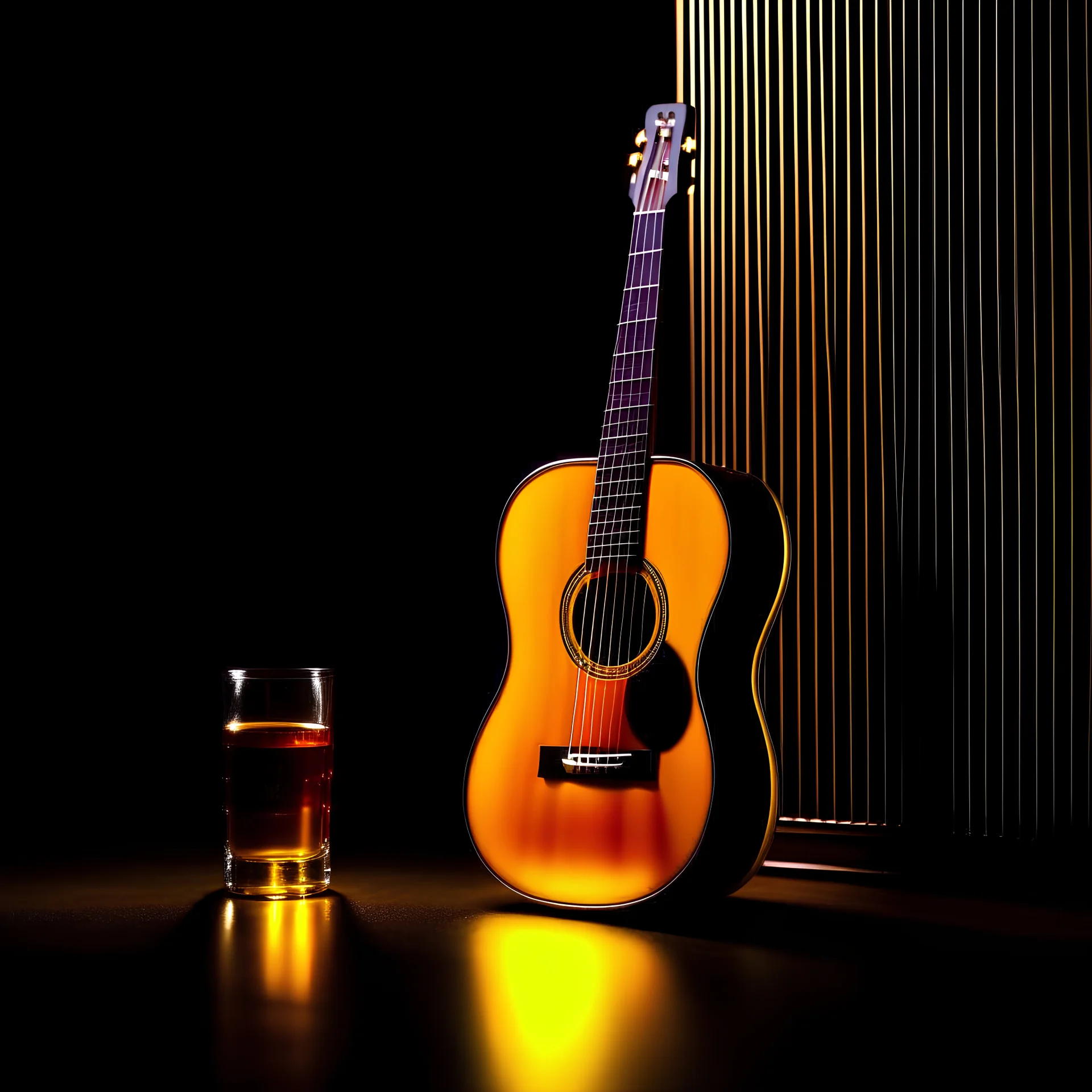 Acoustic guitar next to a glass of liquor in a dark space