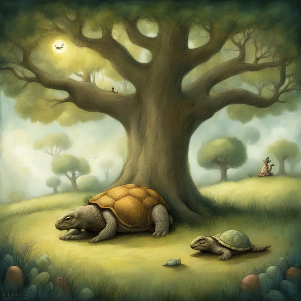 Storybook illustration of the Tortoise and Hare fable, lazy Hare is sleeping under an oak tree, by Alexander Jansson, whimsical, by Shaun Tan,