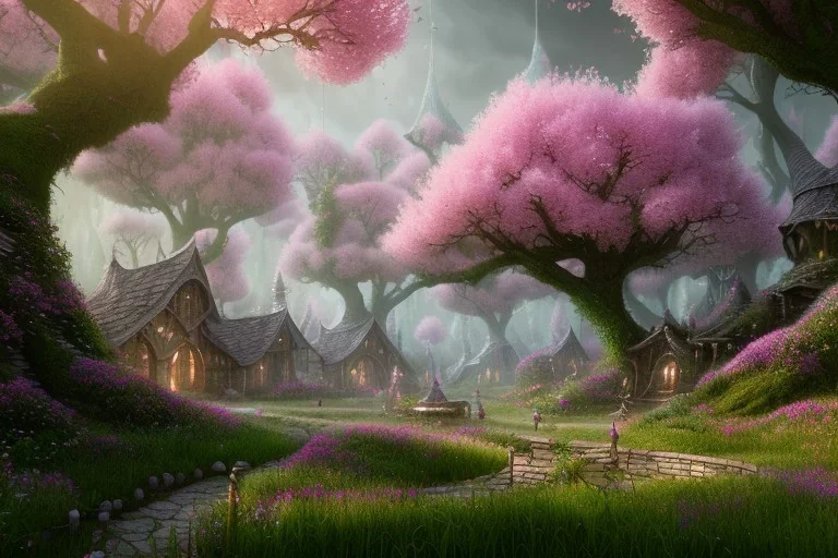 Immersive​ fantasy elven town in the deep green forest with beautiful flower pink tree