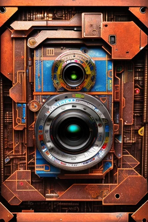 futuristic pinhole camera in Kente, rusted clocks lens, cinematic, scaffolding, cyberpunk, 8k quality