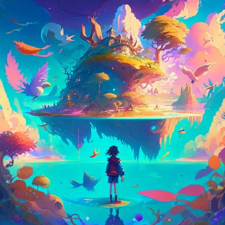 A vibrant, inspired illustration of a magical, dreamlike world, with floating islands, enchanting creatures, and a young protagonist embarking on a journey of self-discovery, evoking the imaginative and emotional storytelling found in anime,cinematic, 4k, high resolution, full details