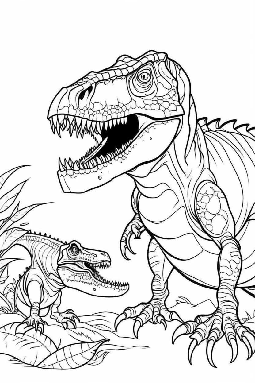 create a coloring page Depict a juvenile T-Rex being fed by its parent, who might be regurgitating food or bringing back prey to share. This scene can highlight the nurturing behavior of T-Rex parents. ink drawing clipart, simple line illustrations, colored