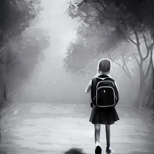 a cute girl who is around the age of 6 years ago caring her school bag as she is walking to school , dramatic, dramatic lighting, volumetric lighting, hyperrealism, 8k, high quality, photorealistic, lot of details