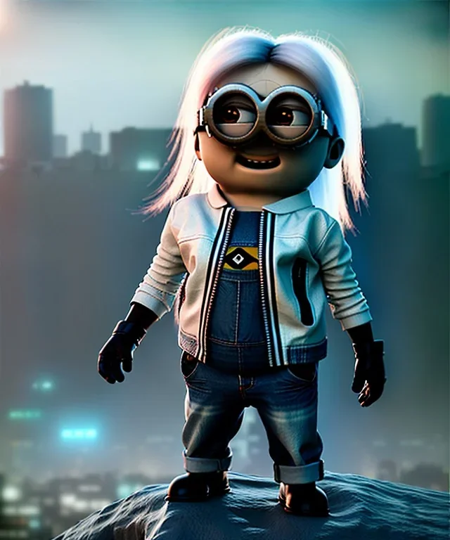 Minion toddler, cyberpunk, full body, white hair, leather jacket, dramatic lighting, hyper realistic