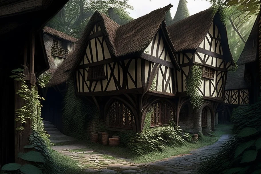 large medieval gothic, wooden inn, with a balcony, next to a sloping, cobbled road, in a wood, dense foliage, photo-realistic