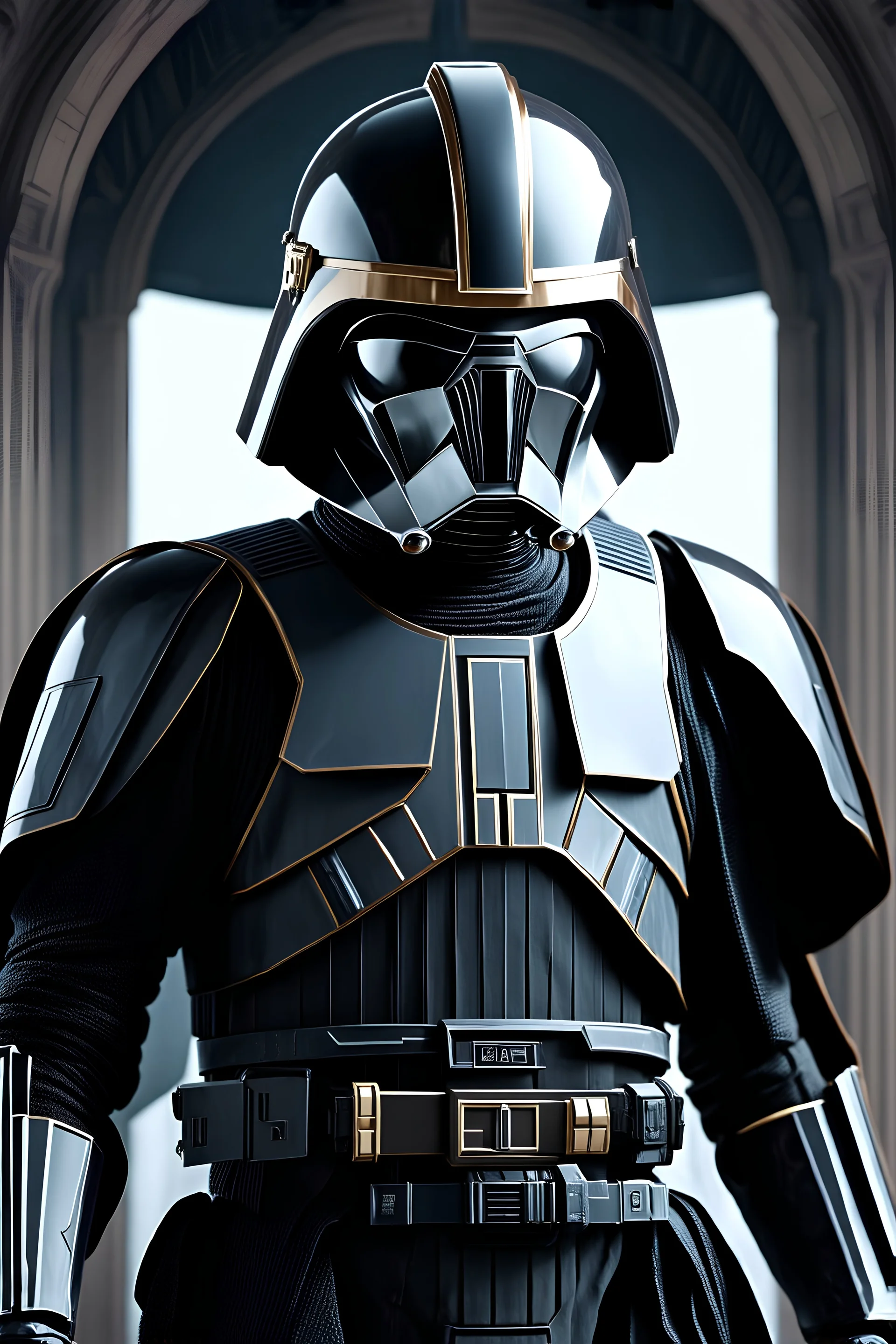 star wars bald male corellian pilot wearing pearlescent black and gunmetal grey First Order special forces heavy assault armor and helmet with gold trim inside the jedi temple, centered portrait, hyperdetailed, dynamic lighting, hyperdetailed background, 8k resolution, volumetric lighting, light skin, fully symmetric details