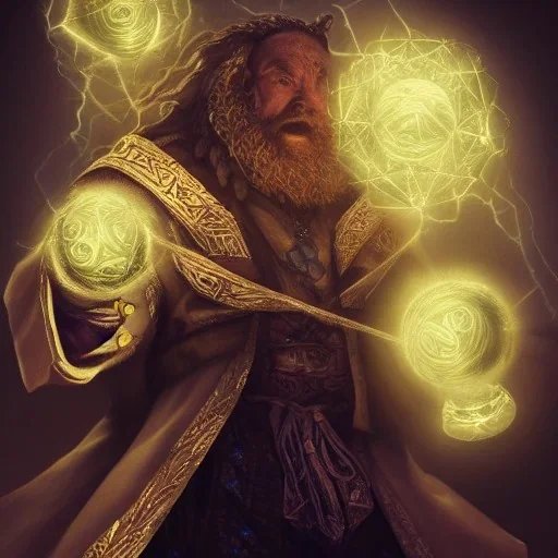 Insanly detailed portrait of a "Dungons and dragons, twilight cleric", holding aloft a glowing D20,bluish gold light emanating from D20, hyperrealism,unreal engine,cinamatic lighting,post processing