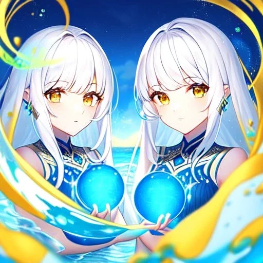 8k, Girl, high quality, detailed, white hair, golden eyes, beautiful lighting, vibrant colors, twins, water magic