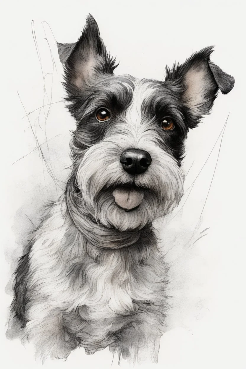 Portrait of a terrier, traditional hand-drawn ink line sketch, retaining rough structure lines and flying lines; watercolour , transparent, water scale edge and strong white highlight; texture white paper background, strong line dynamics; 3:4