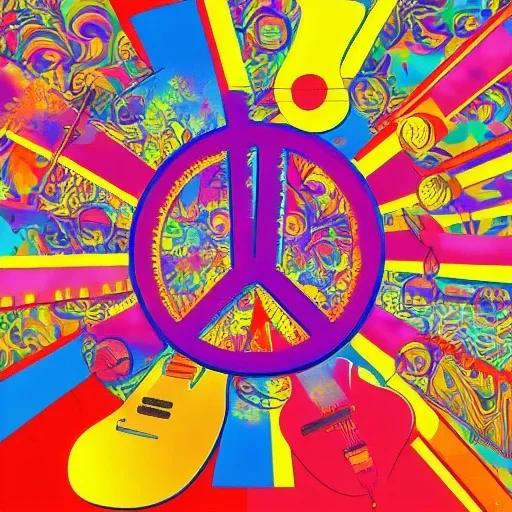 PEACE electric guitar psychedelic hippie trippy acid LSD PEACE GUITAR peacesign ART LIKE '60s Pop Artist Peter Max 69