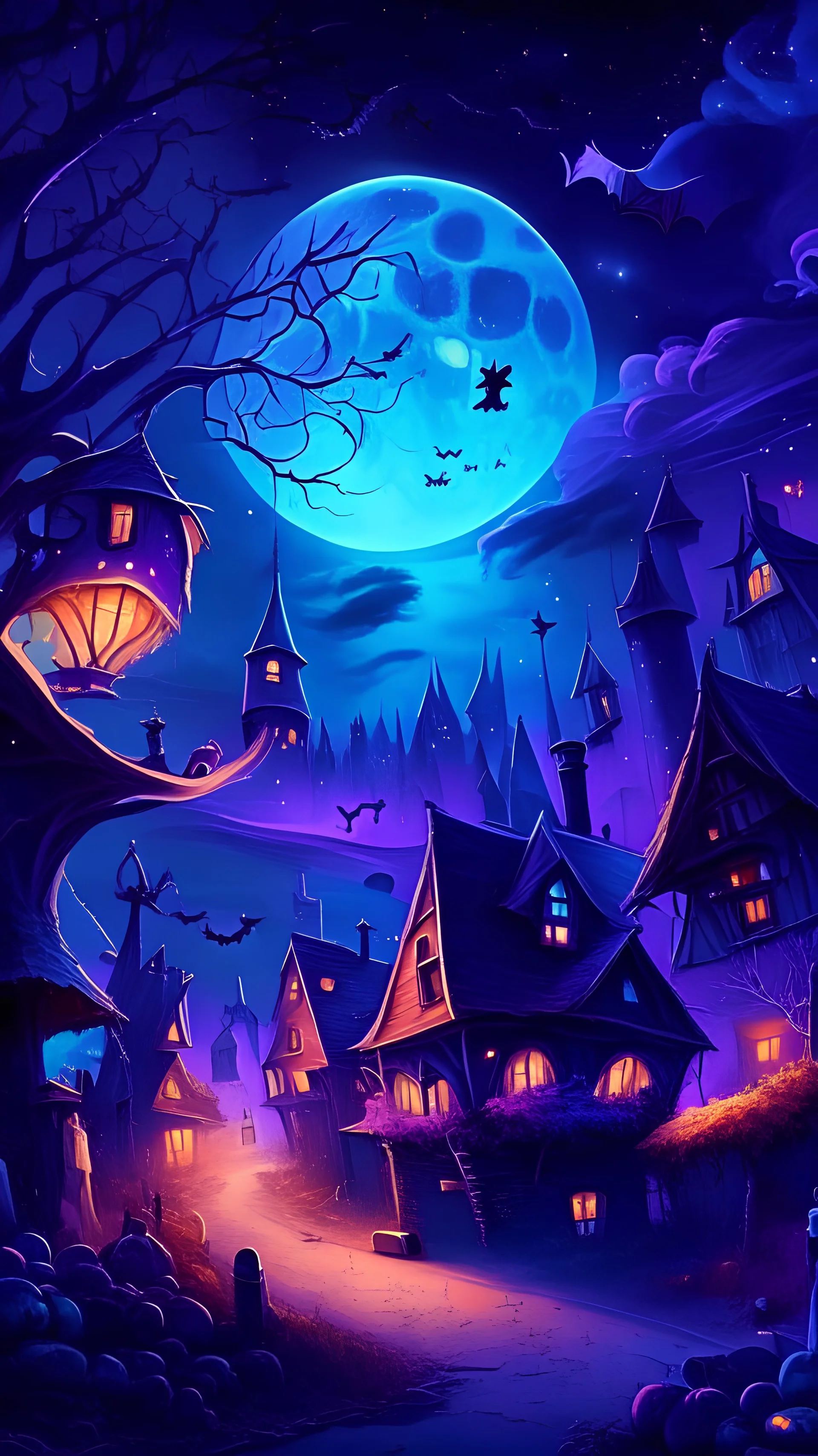 A beautiful village with Halloween decorations and cosmic sky with blue and purple colors