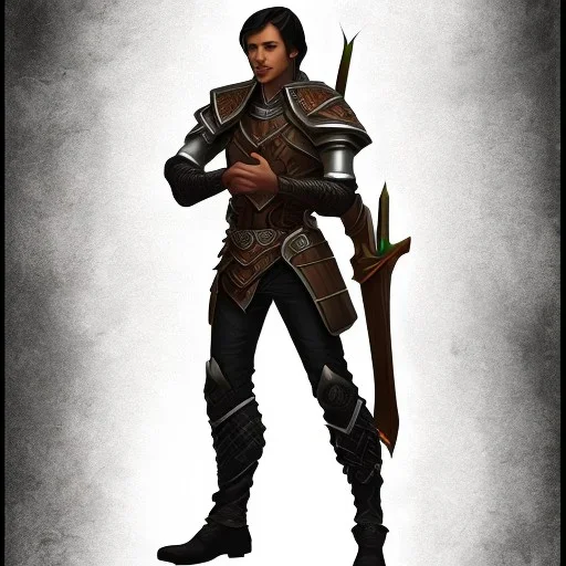 D&D character, male, long black hair, dark tan skin, artificer, holding gun, light armor, chain armor