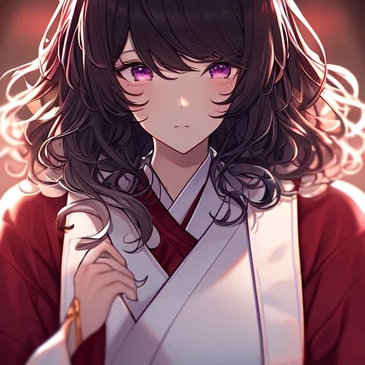 Clear focus,High resolution,8k, Beatiful Lighting, black short wavy hair, long wavy bangs, purple eyes, wearing a miko outfit, extreme close up