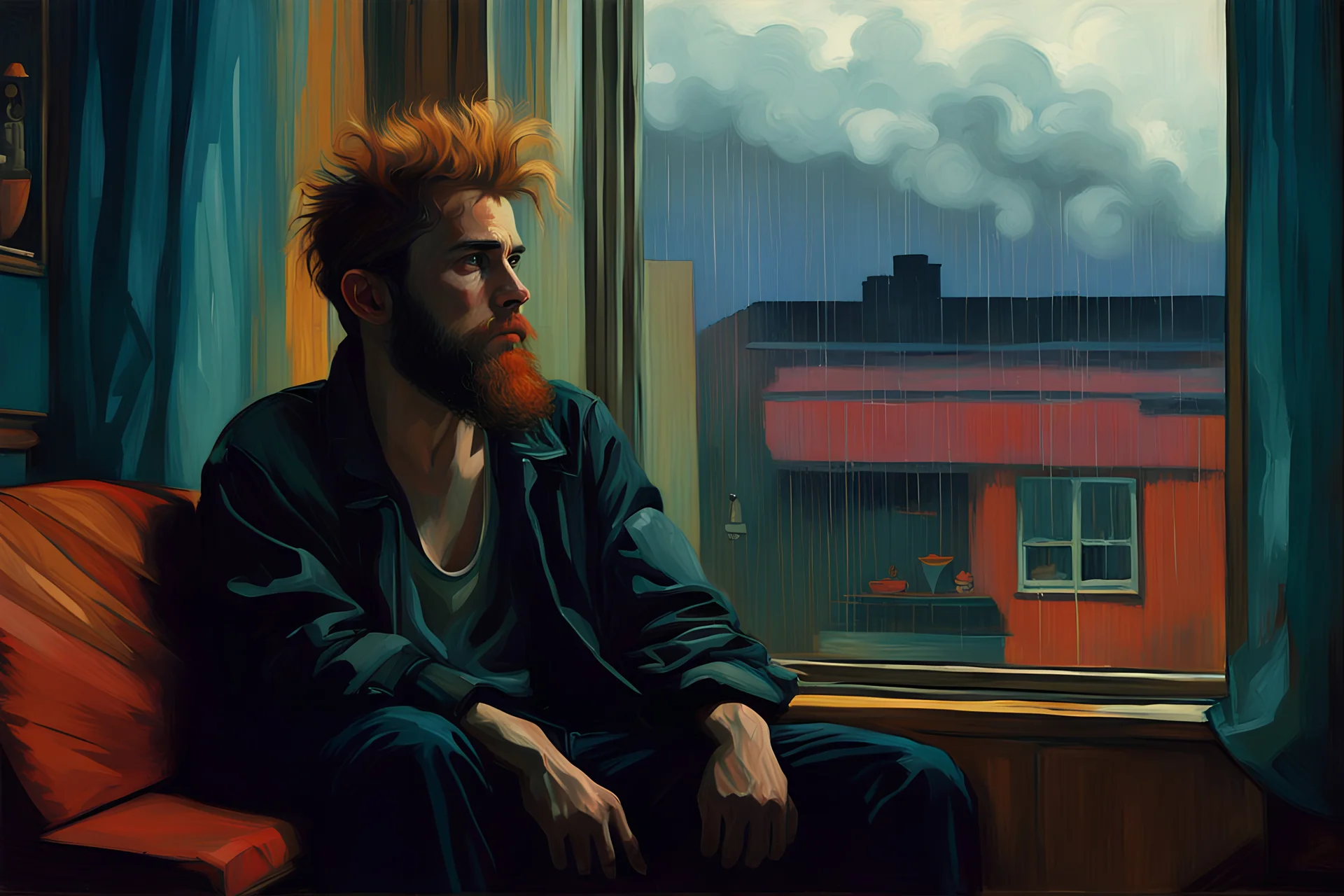 Franklin Carmichael-NaN Goldin style dedicated beautiful a dreaming young beard colored punk guy sits and looks out of the livingroom window, stormy Day, pop '80s movie oil paint-style raw-in Blade Runner living room- by Stanley Kubrick