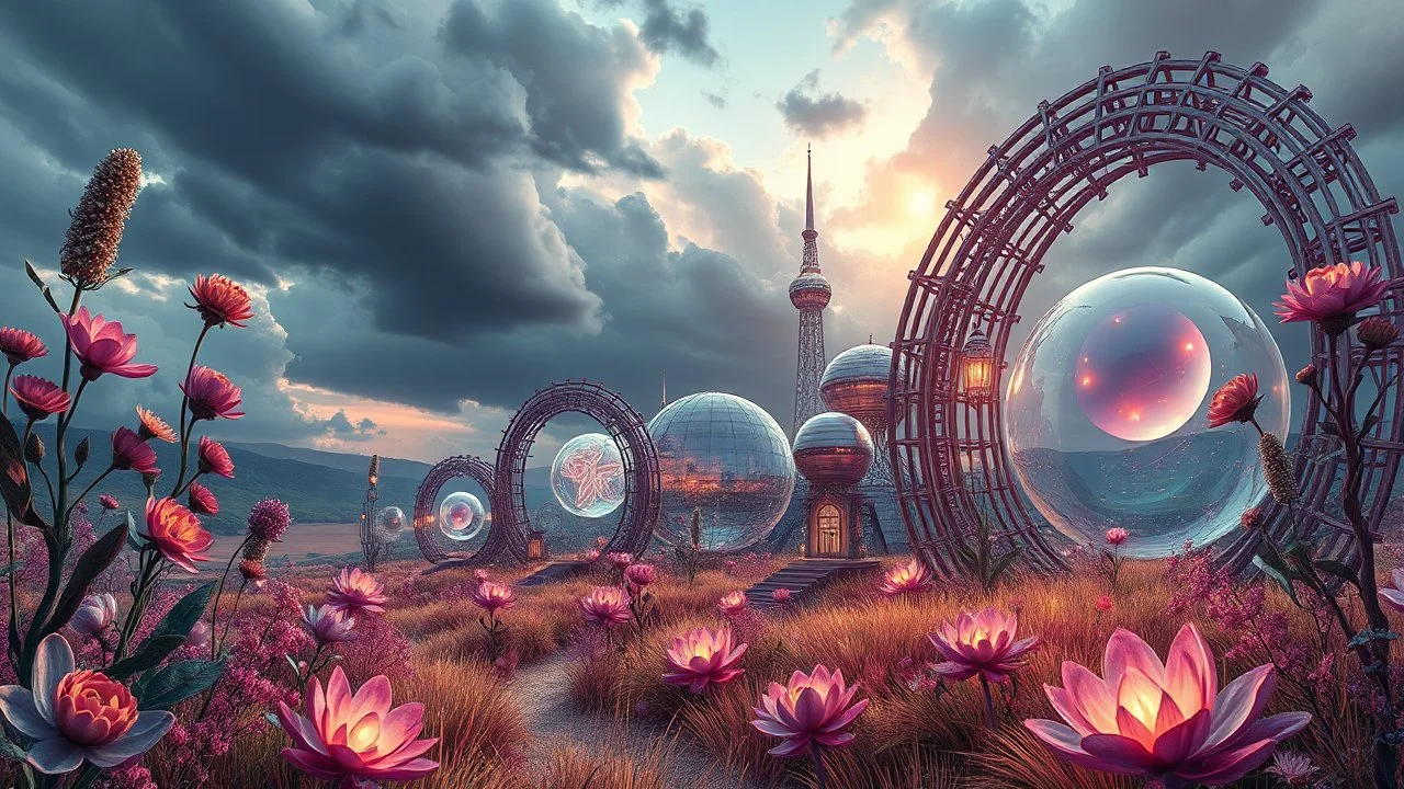 Dynamic cifi country side ,hypnotic of 3D structures Symmetry twisting and morphing between cifi plants , cifi flowers and metal geometric 3d structures buildings , smooth translucent iridescent glass with inner glow and bubbles, varied transparent materials, stormy skies, intense dramatic