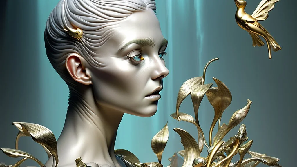 Waterfall, figure of a Woman, art from the "art of control" collection by Jasper Harvey, in the style of futuristic optics, silver and gold, flower, bird, detailed facial features, swirling vortices, 8k 3d, bizarre cyborgs, made of crystals, high detail, high resolution, 8K