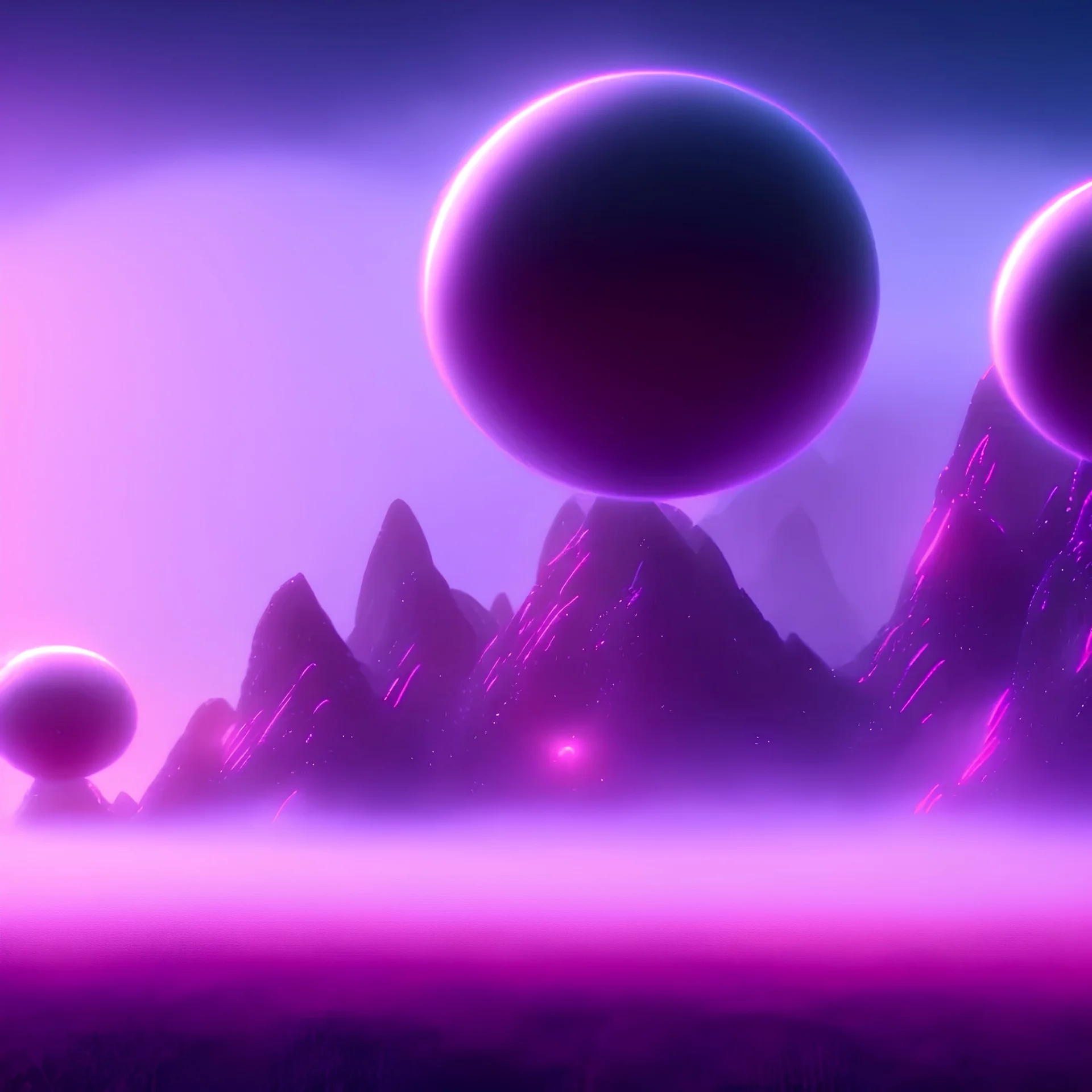 ALIENS FLOATING in the fog, spherical clouds, mountains, GLOWING, PURPLE, orange, pink, stars, TOWERS, 4K, 8K, CINEMATIC