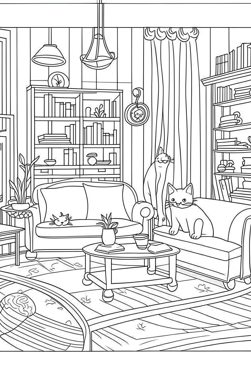 coloring page for kids, Cats in the living room, cartoon style, thick lines, low detail, no shading