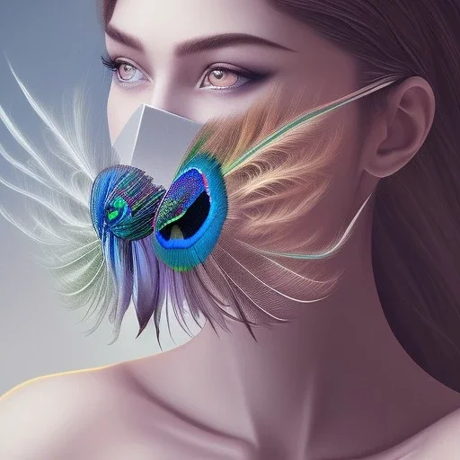 Mystery peacock feather face mask, dramatique, art background, dramatic lighting, volumetric lighting, hyperrealisme, 8k, high quality, lot of details, fit within portrait