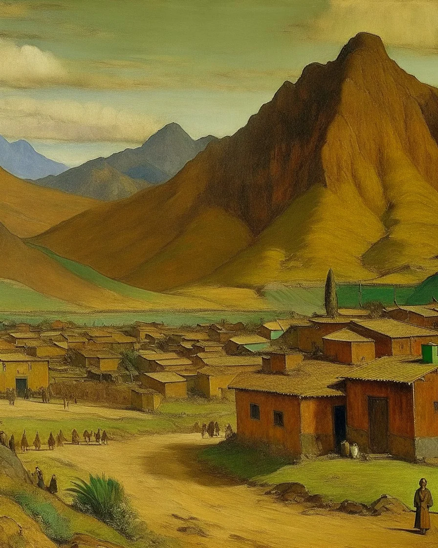 A brown old Western town near the mountains painted by Paul Gauguin