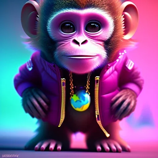 pixar style anamorphic cute cyberpunk monkey baby, smiling,gangsta gold neckless, full body, magenta puffer jacket, manila city backdrop, dramatic lighting, hyper realistic, unreal engine 5, 16k