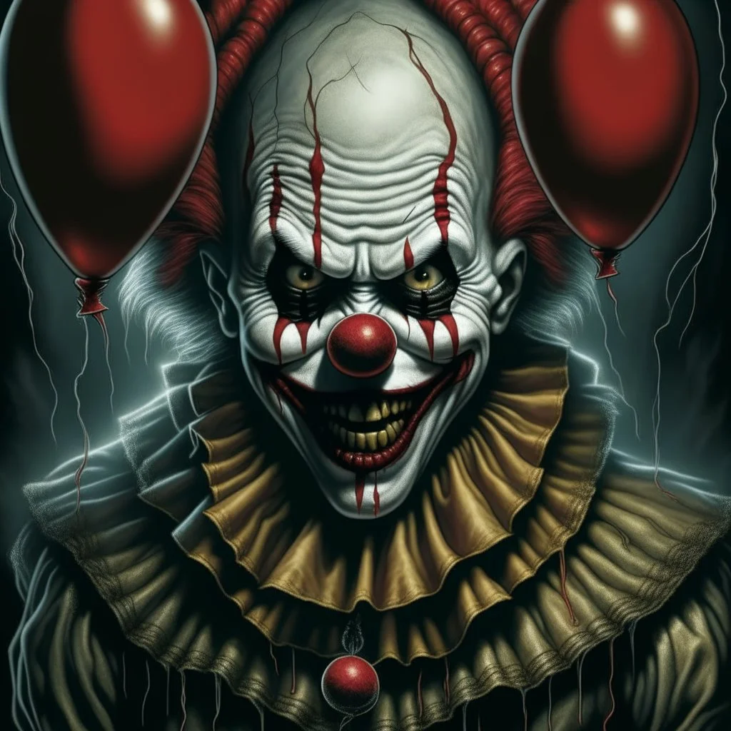 150mm Cinematic intricate photograph, Pennywise the clown from IT movie, big head, (an evil bloodthirsty grin on face), ((sharp teeth)), standing, partially surrounded by balloons, creepy light and atmosphere of horror and fear around, highest details, Nima Neemz Nakhshab movie poster