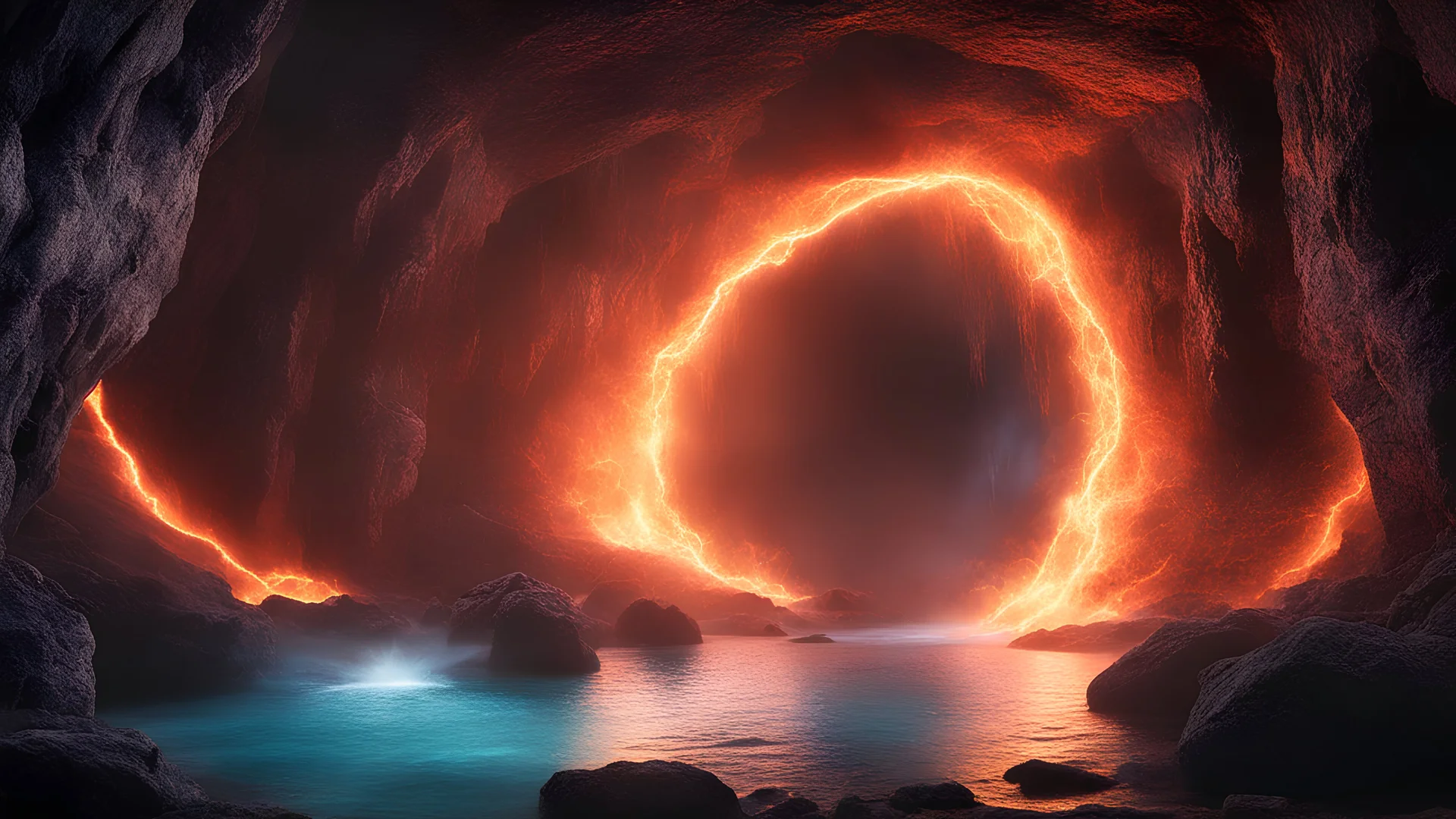 photoreal magnificent magic portal lightning lava water air earth elementals dimensional portal in an infinite underground cave, black as the night, with a magic field at the center by, otherworldly, in the style of fantasy movies, photorealistic, shot on Hasselblad h6d-400c, zeiss prime lens, bokeh like f/0.8, tilt-shift lens 8k, high detail, smooth render, unreal engine 5, cinema 4d, HDR, dust effect, vivid colors