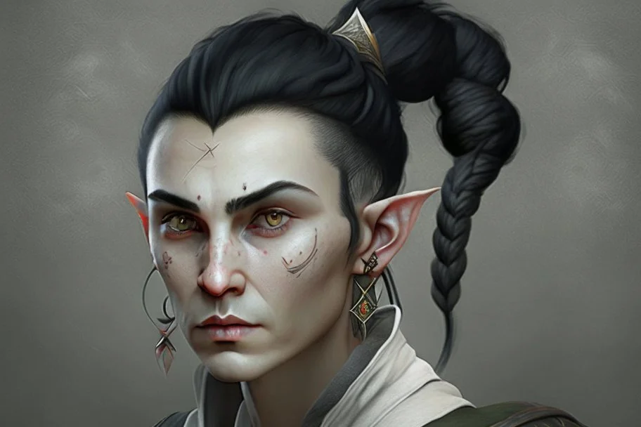 A Fantasy elf, a white male with black hair tied up in a bun, a scarred left eye. Full body