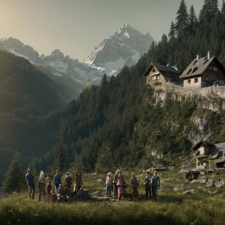 People celebrating an old man in Austrian castle, Alps, family, hut in the background 8k, HD, cinematography, photorealistic, Cinematic, Color Grading, Ultra-Wide Angle, Depth of Field, hyper-detailed, beautifully color-coded, insane details, intricate details, beautifully color graded, Cinematic, Color Grading, Editorial Photography, Depth of Field, DOF, Tilt Blur, White Balance, 32k, Super-Resolution, Megapixel, ProPhoto RGB, VR, Halfrear Lighting, Backlight, Natural Lighting, Incandesce