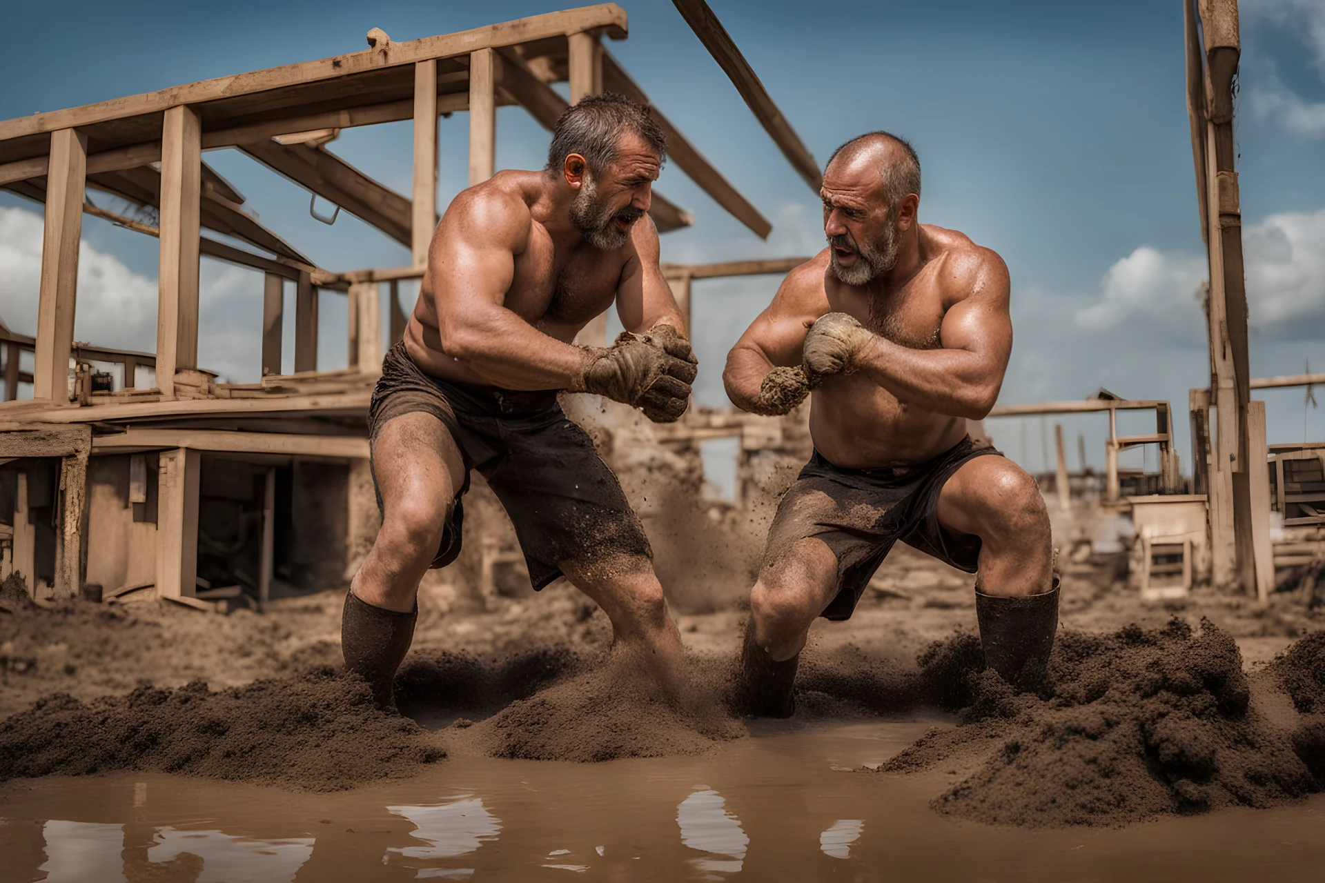 portrait shot photography of two ugly 43 year old beefy big robust burly italian carpenter two men fight with fists in the mud, dirty and wet, wearing bulging shorts, shirtless, hairy chest, serious, very virile, short beard, shaved hair,, , in a sunny construction work area, photorealistic , photorealistic