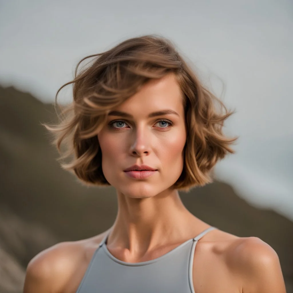 beautiful woman, standing frontal, short silver triathlon swimsuit, wavy bob haircut, photographed in front of beach, raw