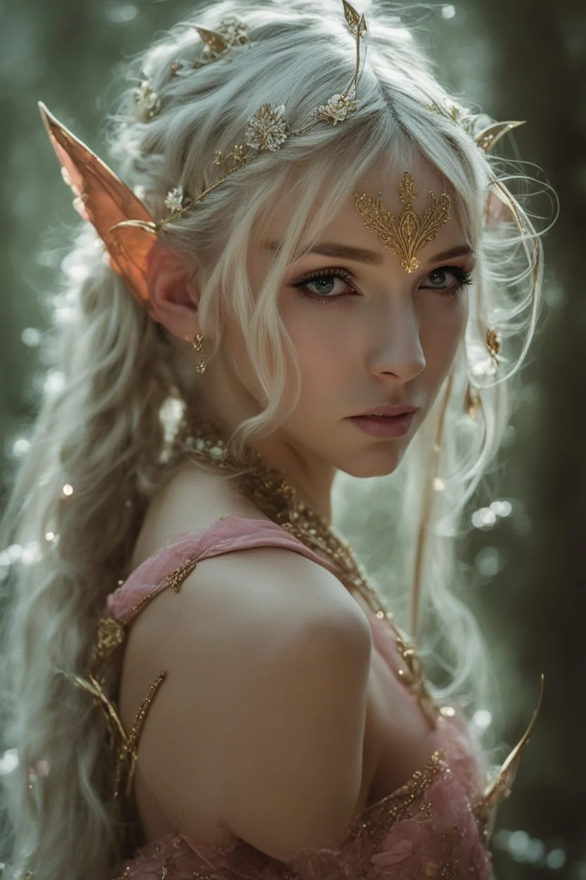 Pointed elven ears,Blonde hair ,Pink dress,Sparkling fairy wings,Very long golden hair,Fairy crown,pointed ears,elven ears,fairy wings,water lilies,sparkling,glittering,flowers,blossoms,golden crown,light pink dress