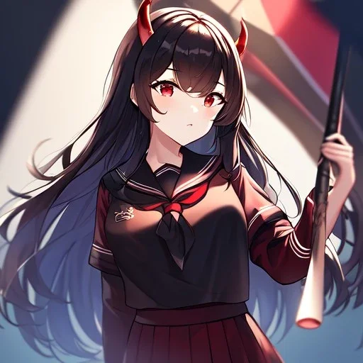 Clear focus,High resolution, Black long hair, Red eyes, Red horns, Wearing a black and red sailor uniform, Swinging a baseball bat