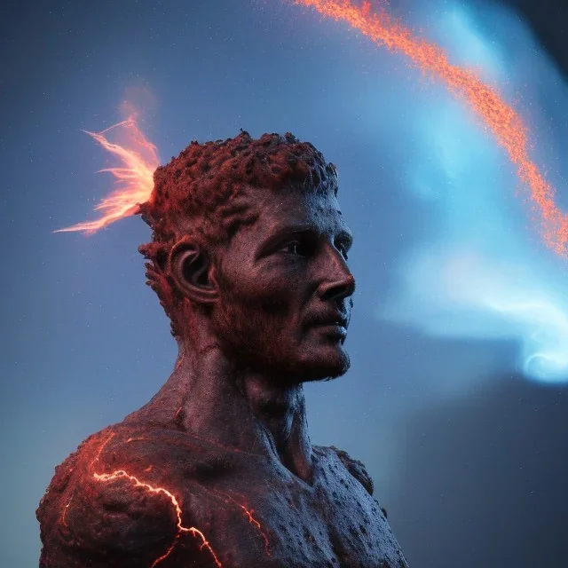 Ancient elemental power God El of fire, Great lava flowing halo around head, burning comets, spiritual blissful smoke clouds inspiring spark tornado