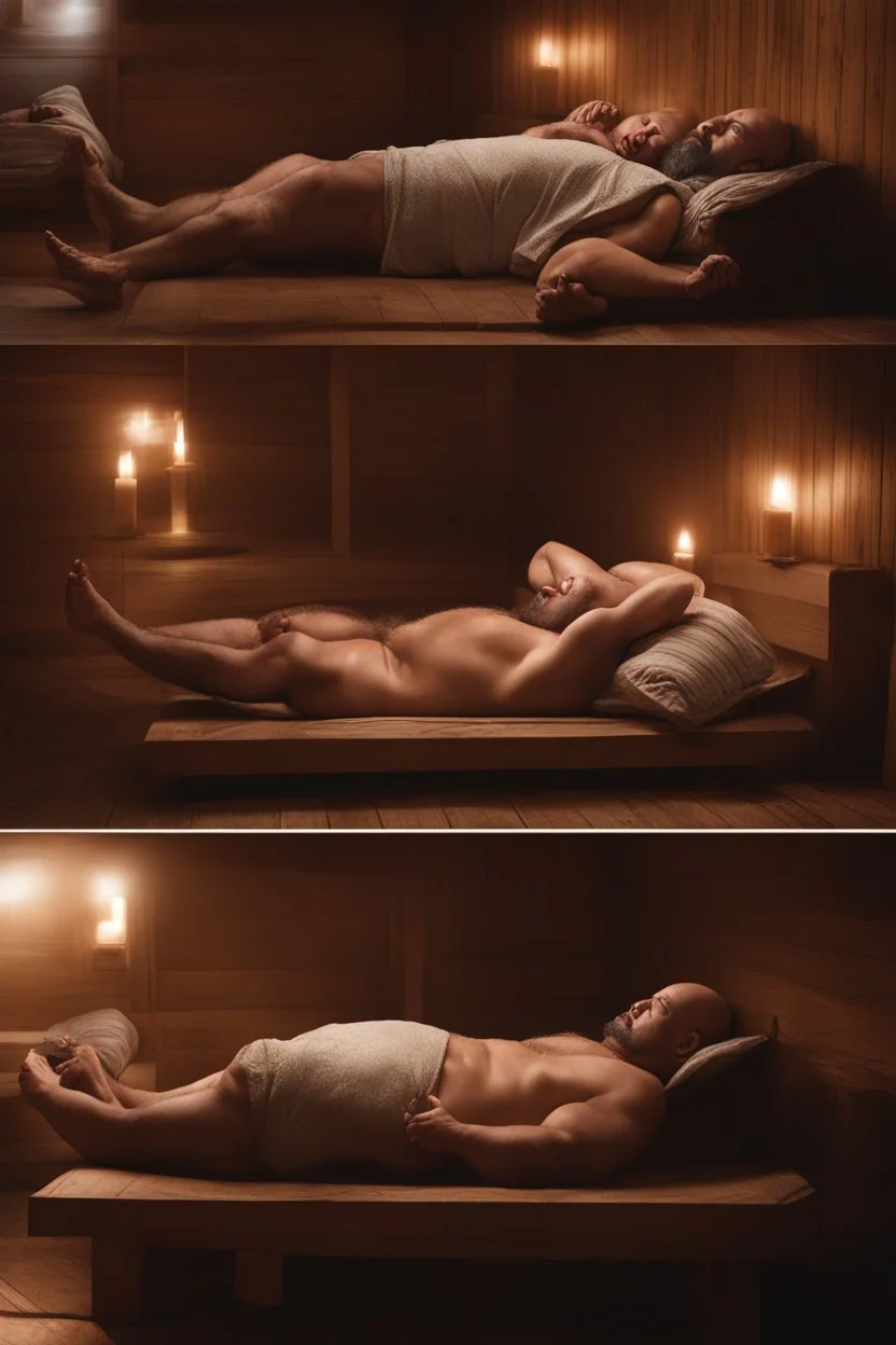 full body shot photography, two muscular chubby ugly burly marocan men , sweat, bulge, masculine hairy 45 year old man, bald, manly chest, curly beard ,big shoulders, big arms, big legs, bulge,, ambient occlusion , lying down sleeping in a steamy Sauna, super high resolution, 8k, dim light, side light, ultra hyper realistic, frontal view