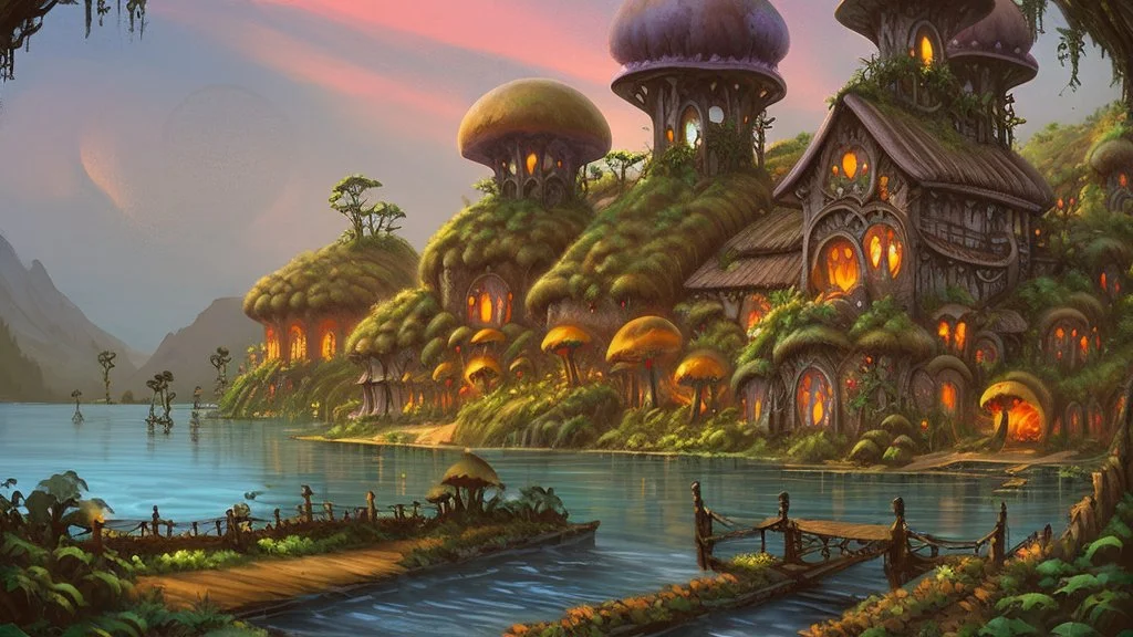 Gigantic mushroom village with balconies, archways, stairs, bridges, bushes, spanish moss, ivy, lake, a winding pathway through the middle