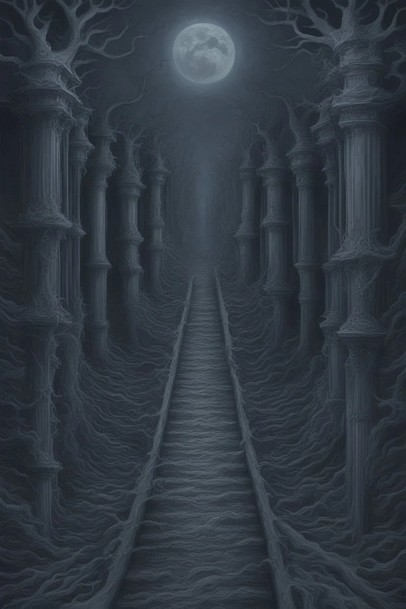 Metal song album cover called "a path to insanity" that should in a dark blue grey haze tone.