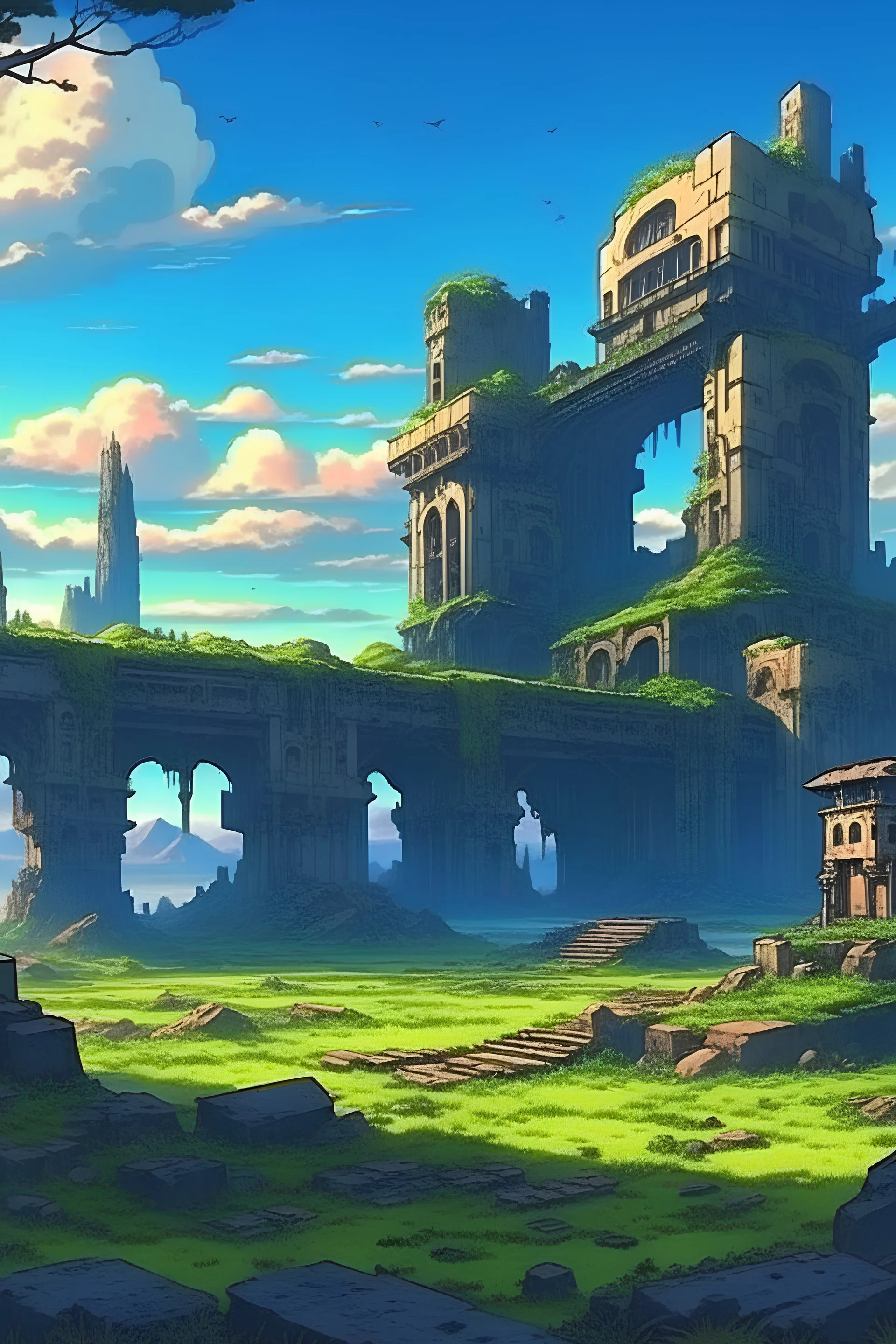 landscape of scifi ruins in an anime style