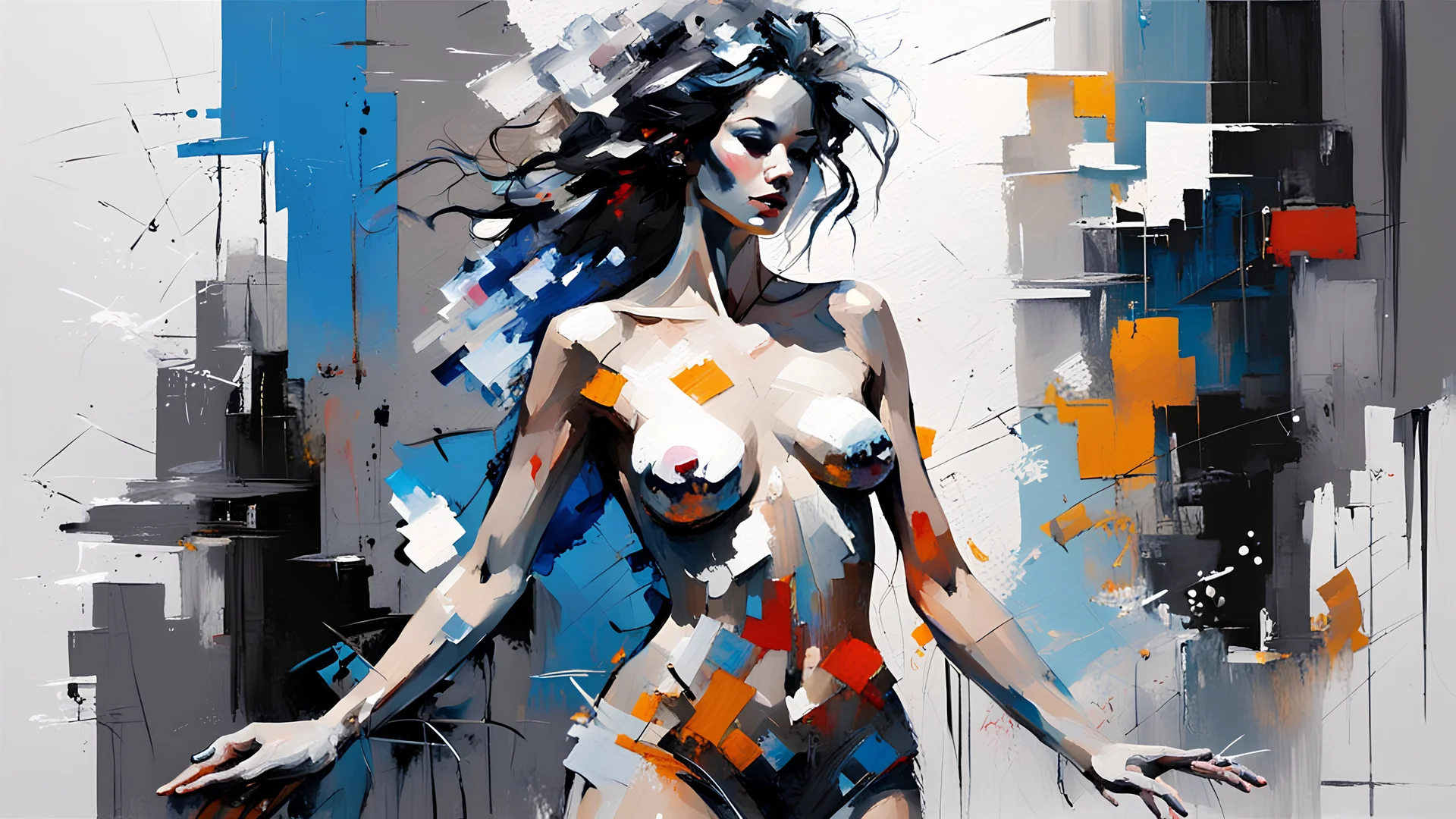 abstract oil painting: nake woman , gray-black-white-blue colors New York. Willem Haenraets artistic style, Derek Gores, Highly Detailed, Afremov, colorful in Kal Gajoum style